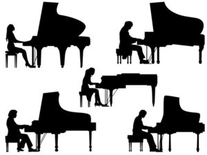 Set of vector silhouettes pianist at the piano.